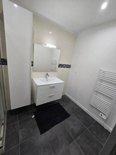 une salle de bain blanche avec un lavabo et un miroir dans l'établissement maison de vacances proche blaye, à Mazion