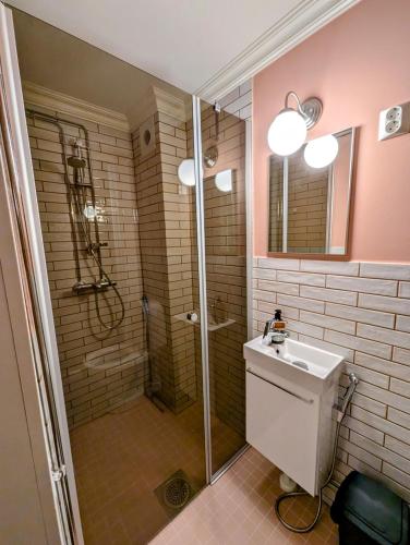 a bathroom with a shower and a sink at Rauhalahden Kartano in Kuopio