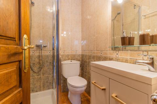 a bathroom with a toilet and a sink and a shower at Casa El Pajar I y II in Senegüé