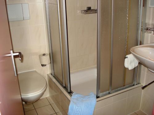 a bathroom with a shower and a toilet and a sink at Hotel Bahnhof in Reichenbach