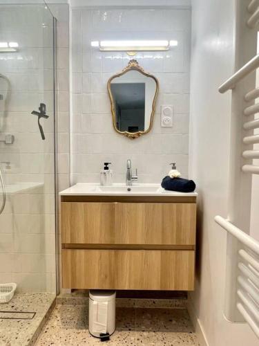 une salle de bain avec un lavabo et un miroir dans l'établissement Le California ! 250m des plages, à Larmor-Plage