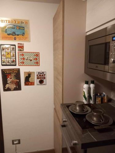 a kitchen with a stove and a microwave at La Casa del Gallo in San Daniele del Friuli