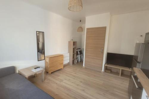 Una sala de estar con un sofá y un televisor. en Le Camargue, en Martigues