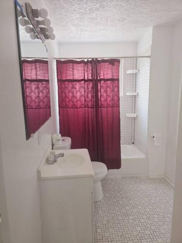 a bathroom with a sink and a toilet and a shower at Comfy 1BR Apt. in Pleasant Ridge in Cincinnati