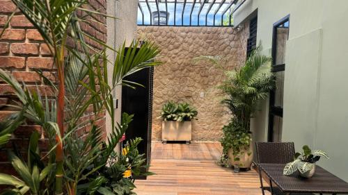 a hallway with potted plants and a brick wall at Casa Di Tatiana in Valledupar