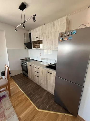 Una cocina con refrigerador de acero inoxidable y gabinetes de madera. en Apartment Dalmatina, en Kumanovo