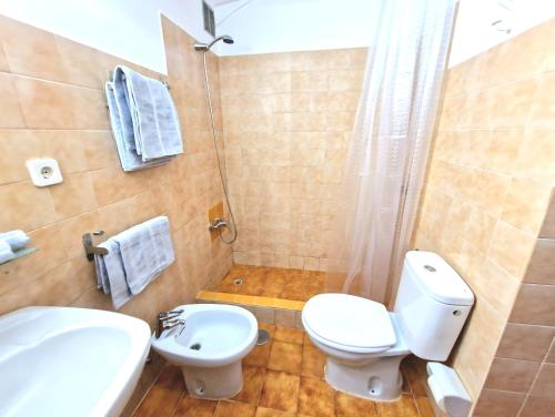 a bathroom with a toilet and a sink and a shower at Histórica Casa María in Mogán