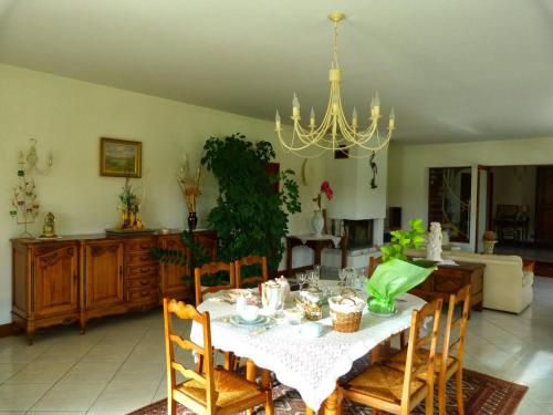 une salle à manger avec une table, des chaises et un lustre dans l'établissement Chambre Bleue Lumineuse et Climatisée - FR-1-591-672, à Velles