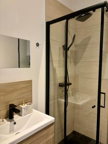 La salle de bains est pourvue d'une douche et d'un lavabo blanc. dans l'établissement Studio centre ville, cosy, neuf 204, à Saint-Étienne