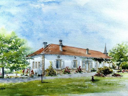 a painting of a white house in a yard at Chambre d'hôtes avec salle d'eau privée dans un Prieuré historique - FR-1-589-737 in Aydoilles