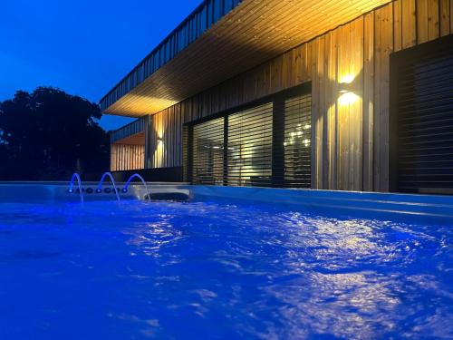 a swimming pool in front of a building at night at Ferienhaus LuckyLiving in Litzelsdorf