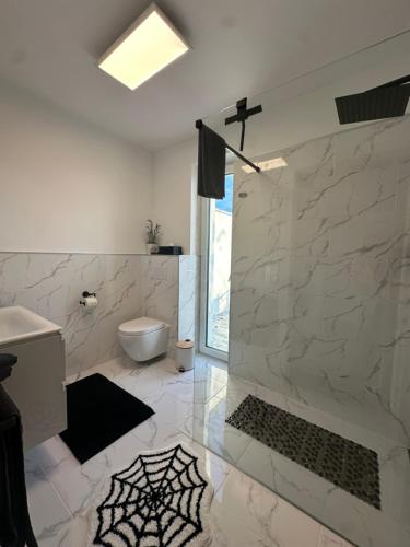 a bathroom with a shower and a toilet and a sink at White Luxury Villa in Haslach an der Mühl