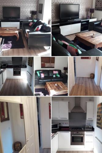 a collage of photos of a living room with a tv at Spacious Modern Apartment in Glasgow