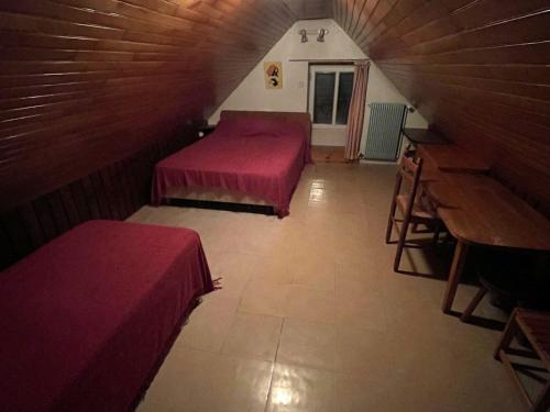 Una habitación abuhardillada con dos camas y un piano. en Charmant duplex Autrans, 5 pers, animaux admis, parking - FR-1-737-86, en Autrans