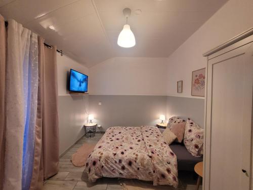 une chambre avec un lit et une télévision au mur dans l'établissement Petite Maison avec son jardin et accès indépendant à 14 mn de paris, à Deuil-la-Barre