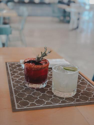 two glasses and a potted plant on a tray at Hotel Catedral La Paz in La Paz