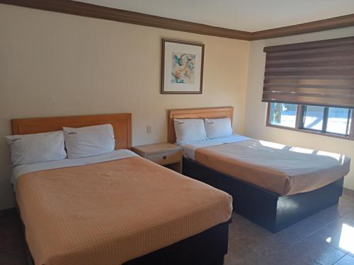 ein Hotelzimmer mit zwei Betten und einem Fenster in der Unterkunft Hotel Coronado in Ensenada