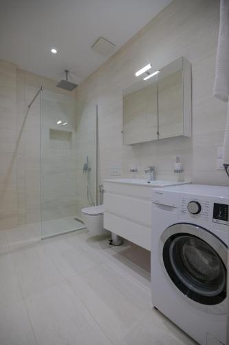 a bathroom with a washing machine and a toilet at DAED Luxury Residence in Sarandë