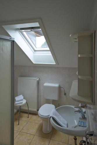 a bathroom with a skylight and a toilet and a sink at Egestorfer Hof in Egestorf