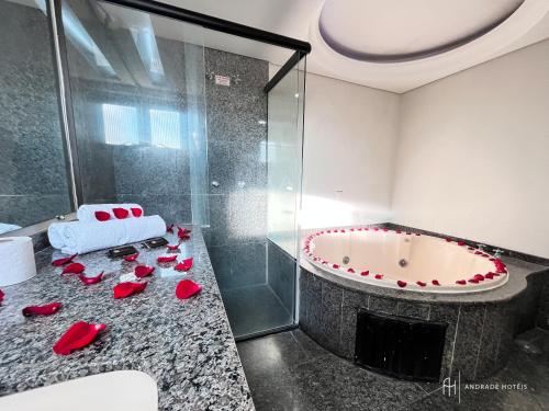 a bathroom with a tub with red roses on the counter at Rede Andrade Vernon in Curitiba