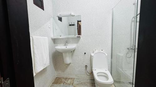 a white bathroom with a toilet and a sink at Hotel Dior in Saint-Louis