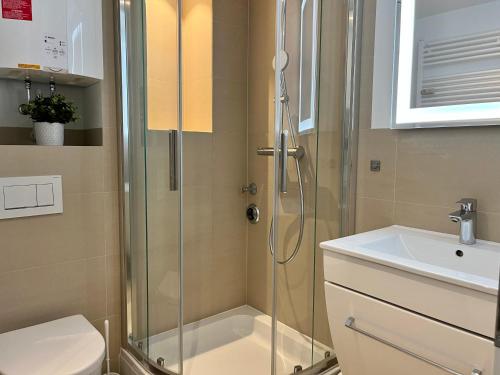 a bathroom with a shower and a toilet and a sink at Beach&City Bude inkl Saisonstrandkorb in Grömitz