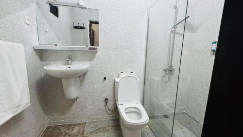 a bathroom with a toilet and a sink and a shower at Hotel Dior in Saint-Louis