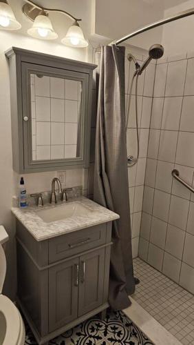 a bathroom with a sink and a shower at Wynwood Miami Family Oasis in Miami