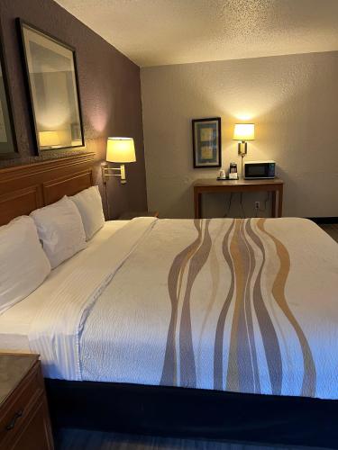 a hotel room with a large bed with two lamps at La Quinta Inn by Wyndham Bossier City in Bossier City
