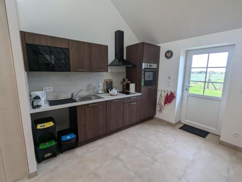 une cuisine avec des armoires en bois et un évier dans l'établissement Gîte 1 Les Ratys : charme, calme et confort près d'Orléans - FR-1-590-523, à Chaingy