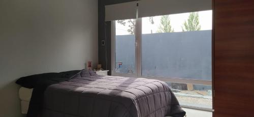 Casa la florida في مار ديل بلاتا: غرفة نوم بها سرير ونافذة كبيرة