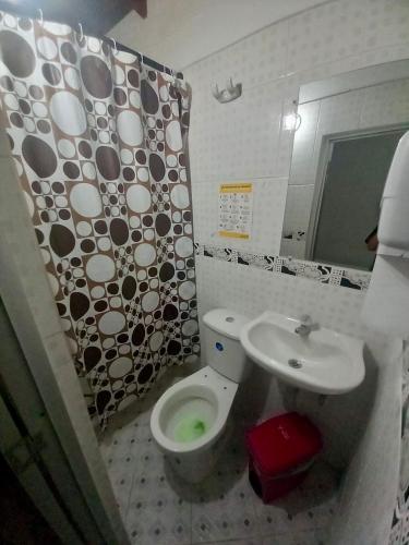a bathroom with a toilet and a sink at Habitación doble, con desayuno - La Casona Hotel in La Pintada