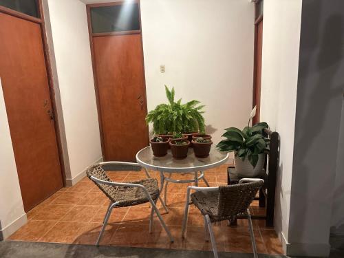 a room with a table and chairs and potted plants at La Casa de Rosy in Urbanizacion Buenos Aires