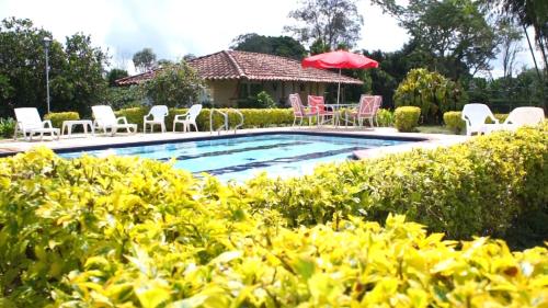 a swimming pool with chairs and a red umbrella at Hotel La Coqueta in Montenegro