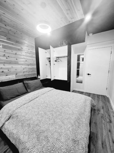 a bedroom with a large bed and two windows at Charming & Compact Retreat in St. Albert