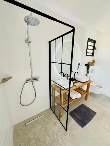 a bathroom with a shower and a mirror at Villa SKY 4 Chambres - Vue sur le Diamant in Morne Blanc
