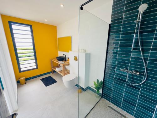 a bathroom with a glass shower with a toilet at Villa SKY 4 Chambres - Vue sur le Diamant in Morne Blanc