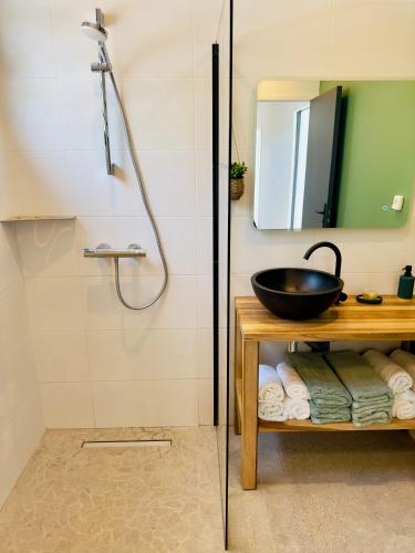 a bathroom with a sink and a shower at Villa SKY 4 Chambres - Vue sur le Diamant in Morne Blanc