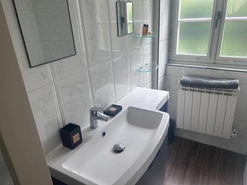 une salle de bain blanche avec un lavabo et un miroir dans l'établissement La Tour Mailly - 3 pièces tout confort, à Igé
