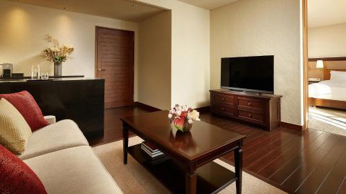 a living room with a couch and a television at Lotte Arai Resort in Myoko