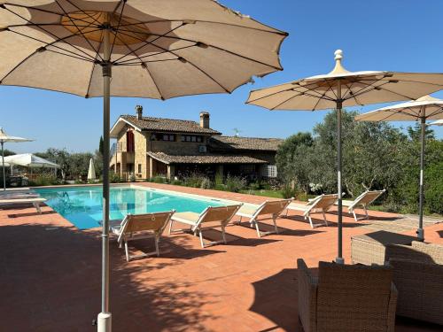 a pool with chairs and umbrellas in front of a house at Nonna Nara Bed & Breakfast in Grosseto