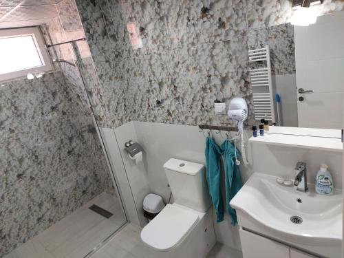 a bathroom with a shower and a toilet and a sink at Villa & Apartments Antigona in Ohrid