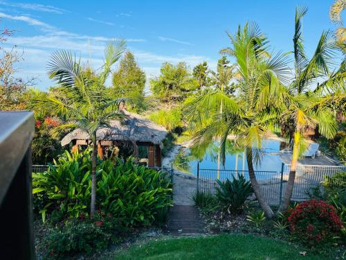 a resort with palm trees and a path leading to a building at Manuka Getaway in Maleny
