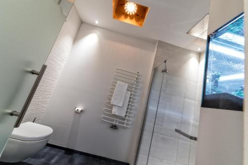 a white bathroom with a shower and a toilet at Niedermairhof in Brunico