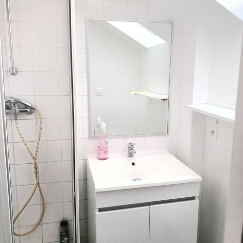une salle de bain blanche avec un lavabo et un miroir dans l'établissement Paradis Maison Entière, à Montargis