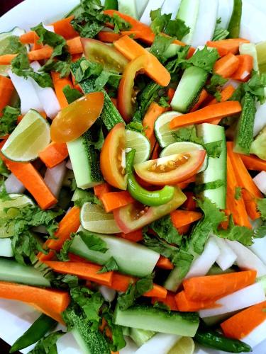 a salad of vegetables on a white plate at Yellow Pagoda Hotel in Kathmandu