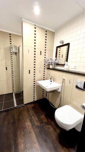 a bathroom with a toilet and a sink at Zygio Apartamentai in Vilnius