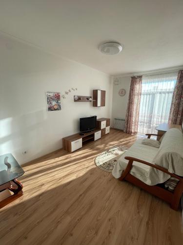 een slaapkamer met een bed en een flatscreen-tv bij Апартаменти з балконом студія без окремої спальні in Truskavets