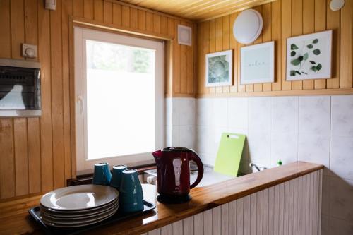 a kitchen with a counter with dishes and a window at Ośrodek Wypoczynkowy Kalwa in Pasym
