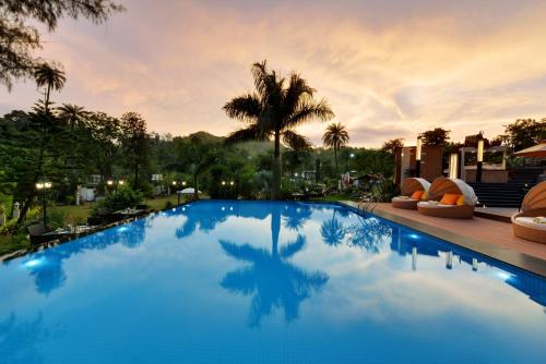a large blue swimming pool with palm trees in the background at Chacha Inn The Garden Retreat in Mount Ābu
